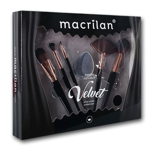 Kit Velvet Macrilan - Kit com 5 pincéis para Maquiagem e 1 Esponja Microfibra - Cor: Preto-0